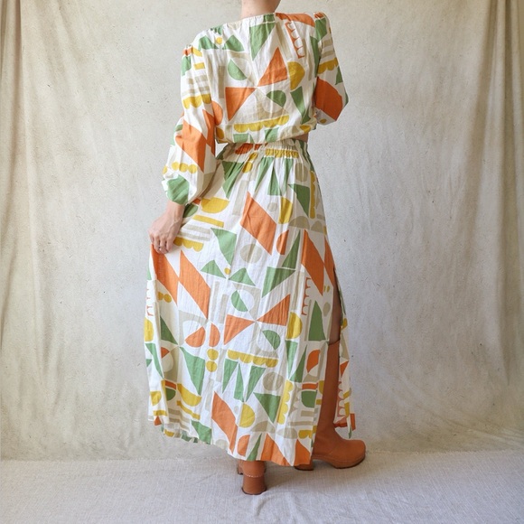 Linen Blend Boho Abstract Print Maxi Skirt and Long Sleeve Crop Top Set - Picture 5 of 5